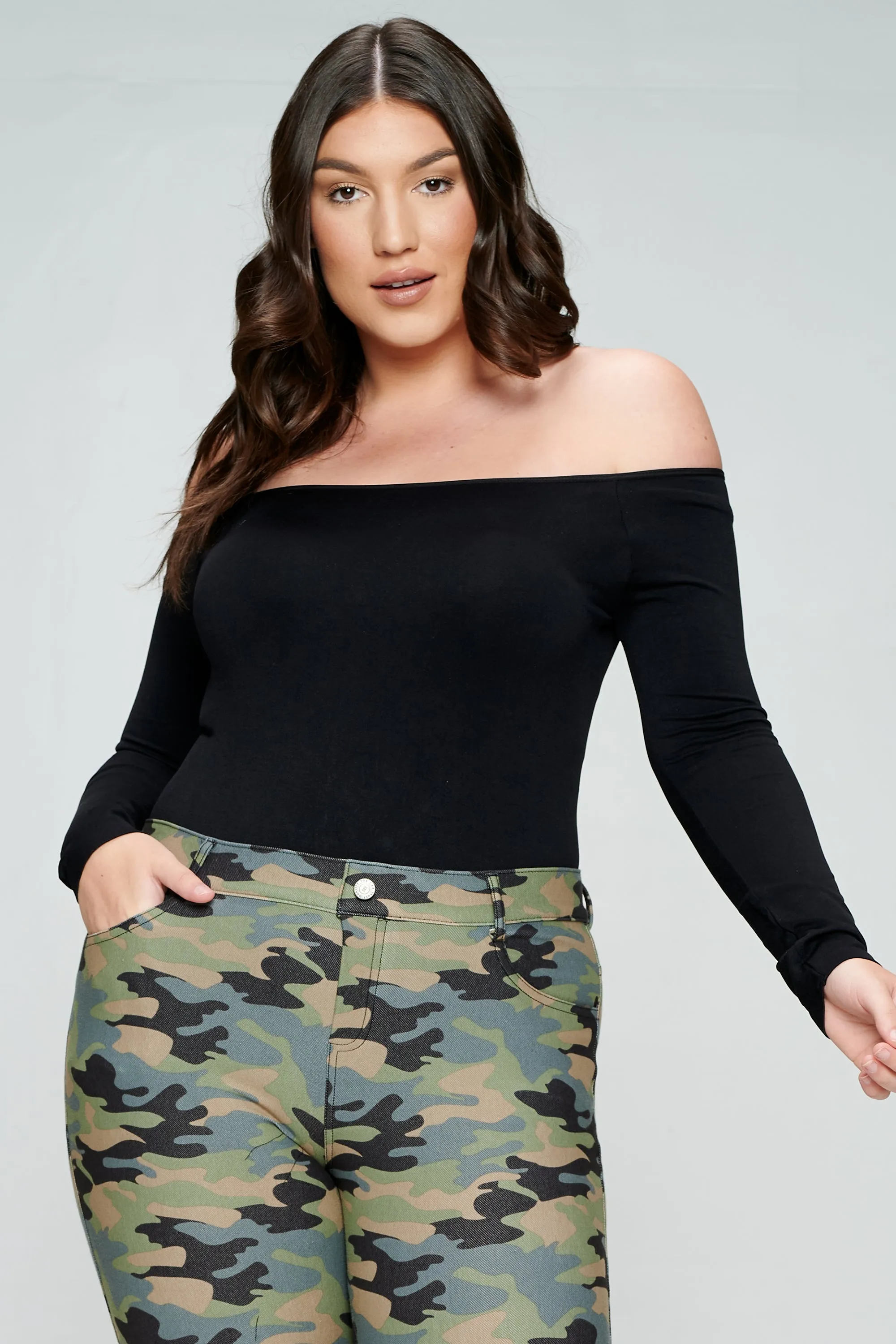 Plus Size Off Shoulder Long Sleeve Bodysuit