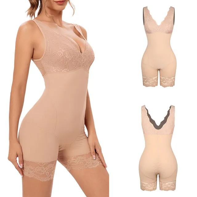 Power Lace V-Neck Tummy & Thigh Control Bodysuit