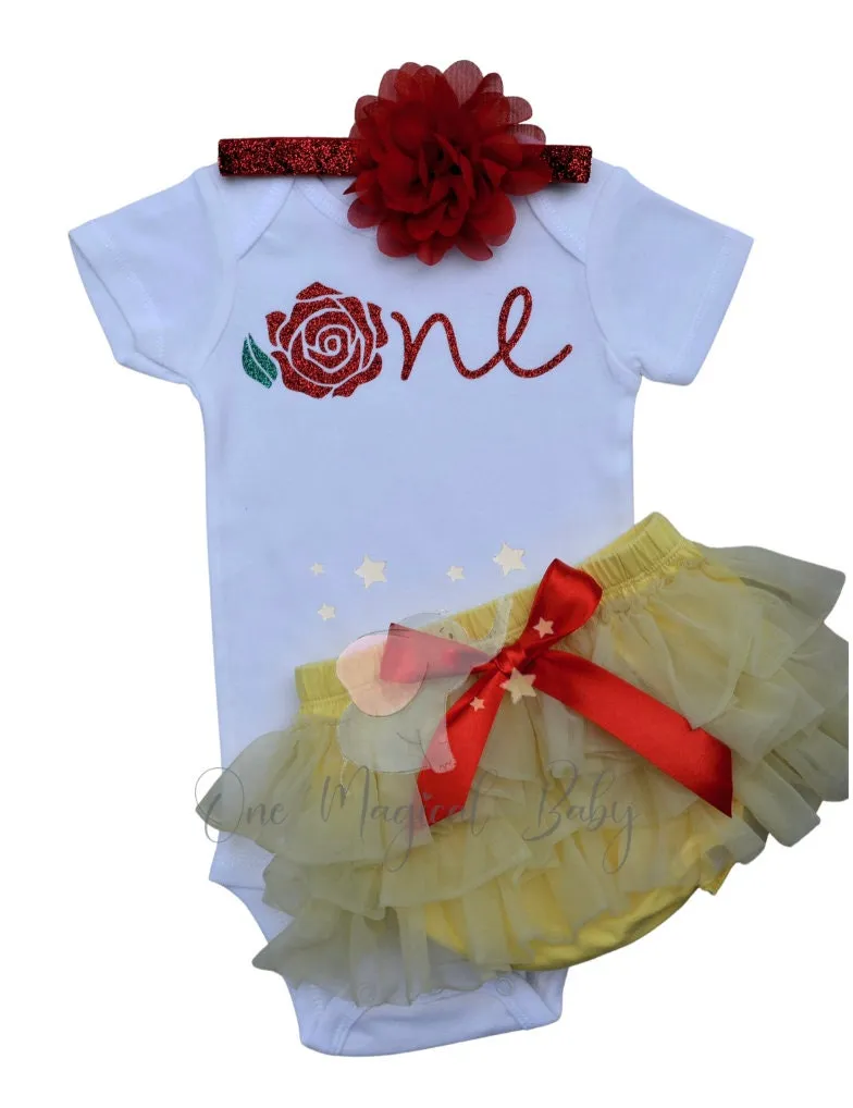 Princess Belle inspired One year baby girls outfit, Red Flower glitter bodysuit baby first birthday photoshoot one year old