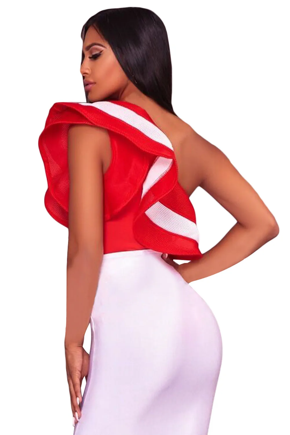 Red Ruffle One Shoulder Mesh Bodysuit