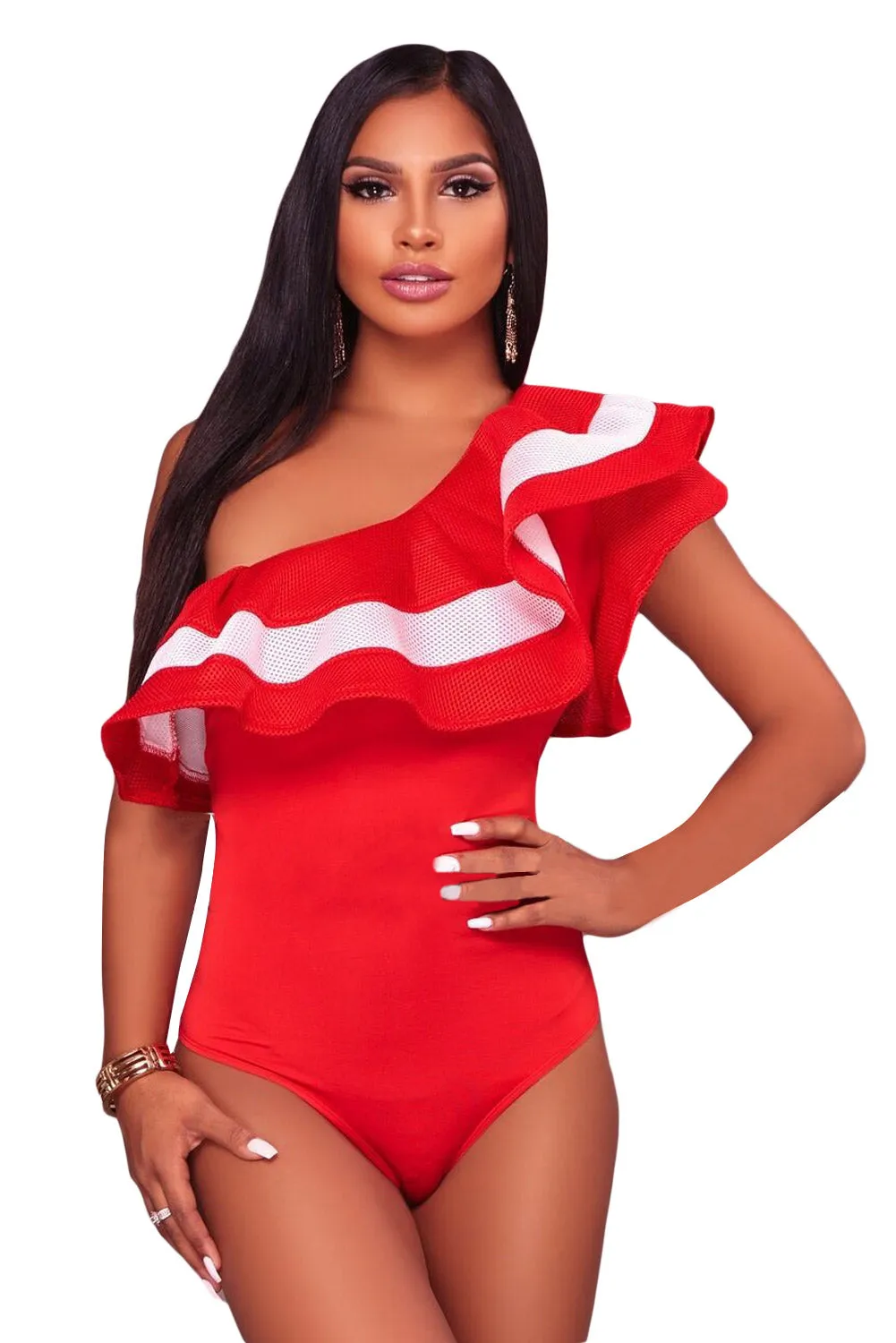 Red Ruffle One Shoulder Mesh Bodysuit