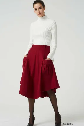 red wool skirt with pockets, asymmetrical skirt 2051