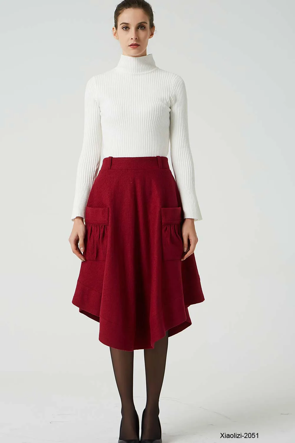 red wool skirt with pockets, asymmetrical skirt 2051