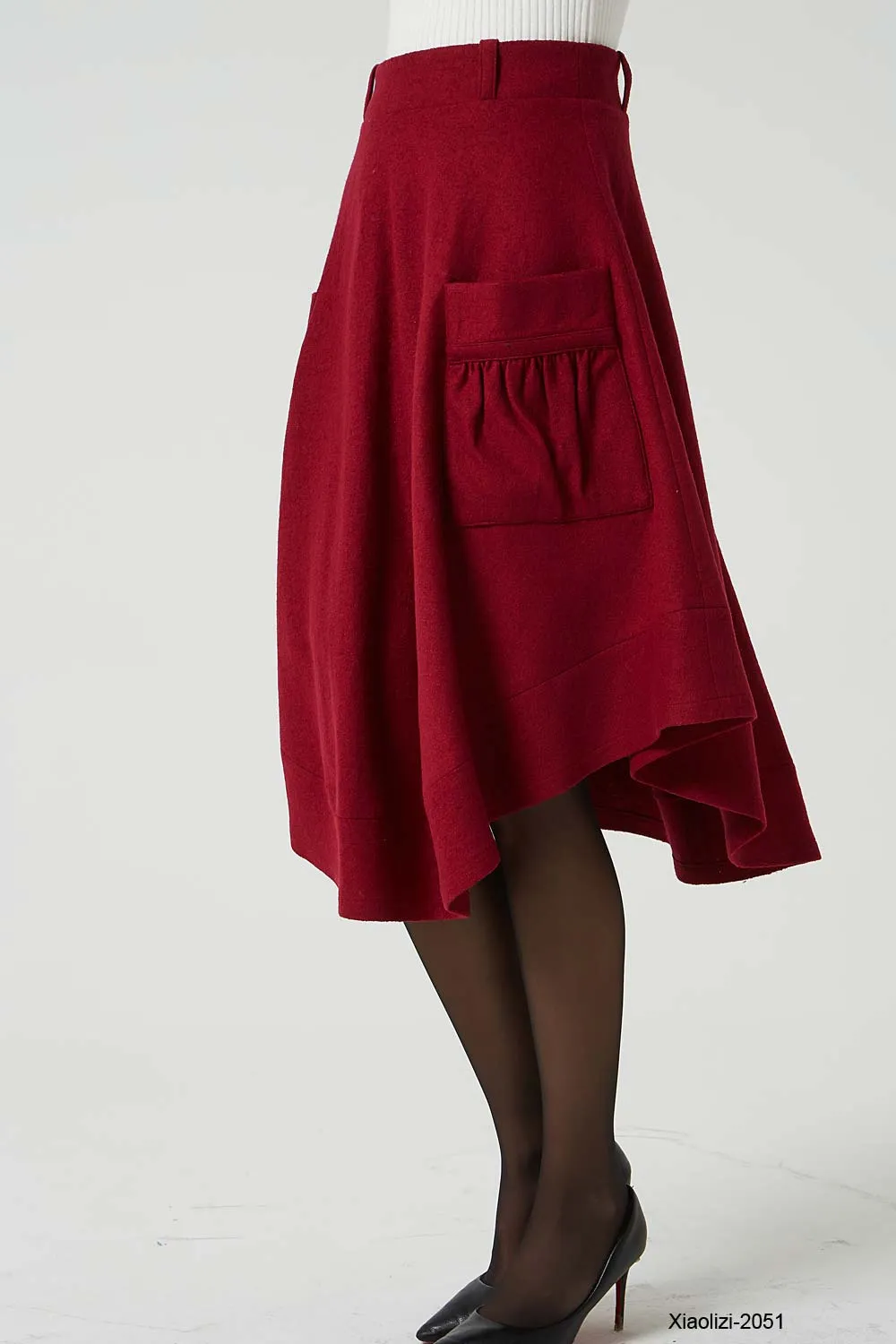 red wool skirt with pockets, asymmetrical skirt 2051