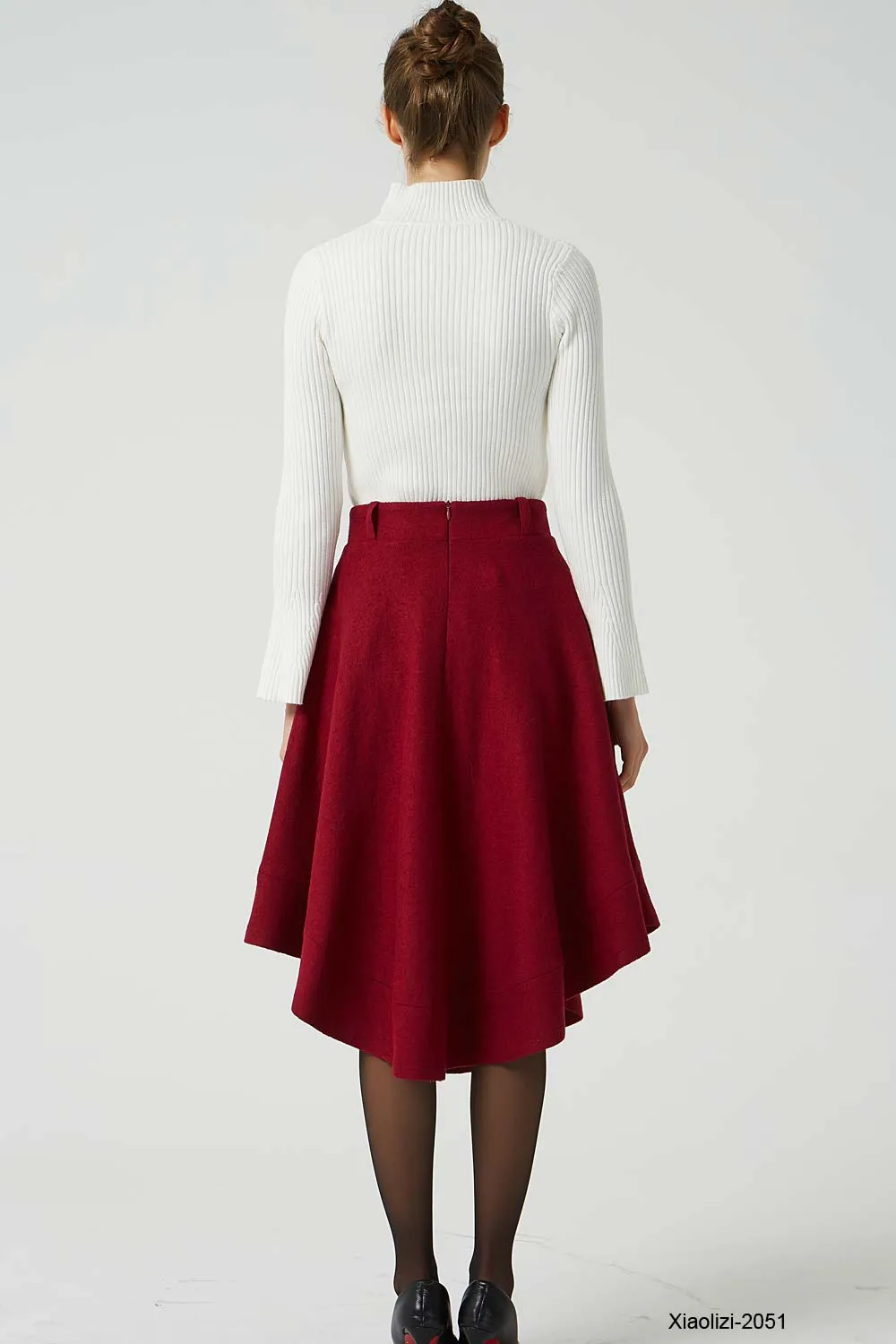 red wool skirt with pockets, asymmetrical skirt 2051