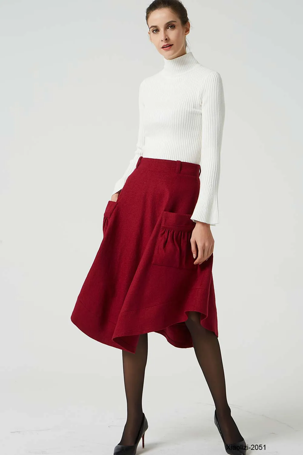 red wool skirt with pockets, asymmetrical skirt 2051