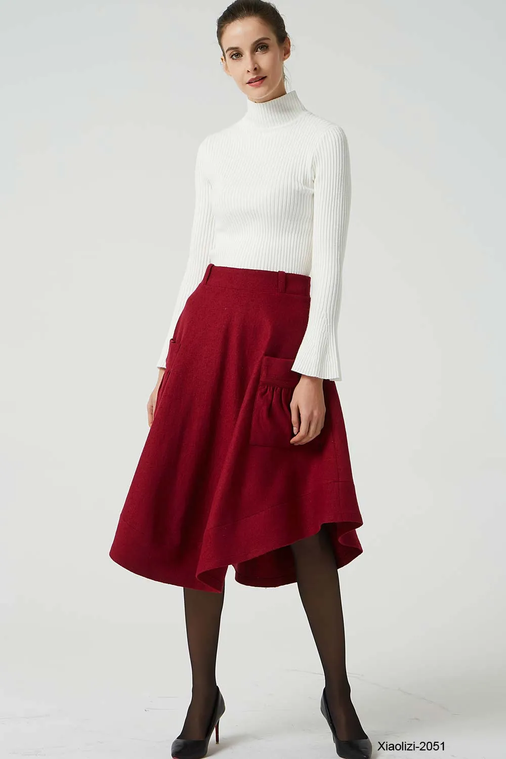 red wool skirt with pockets, asymmetrical skirt 2051