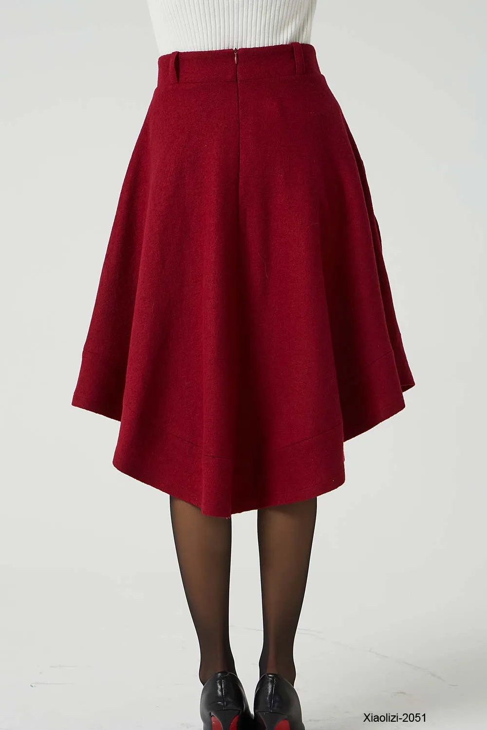 red wool skirt with pockets, asymmetrical skirt 2051