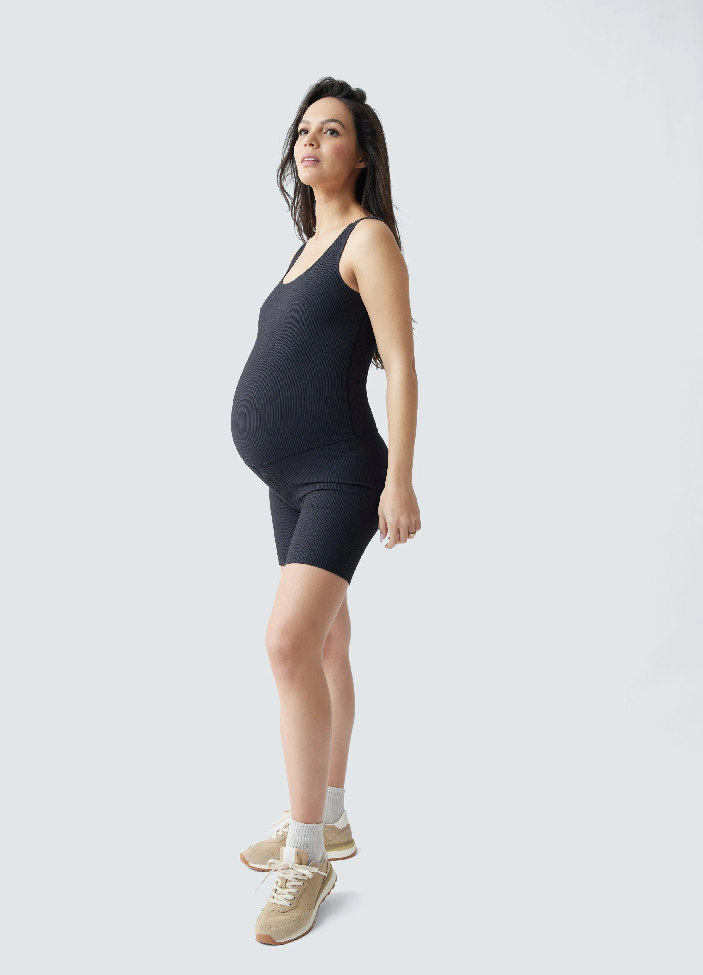 Rib Maternity Bike Short Acitve Unitard Romper Black