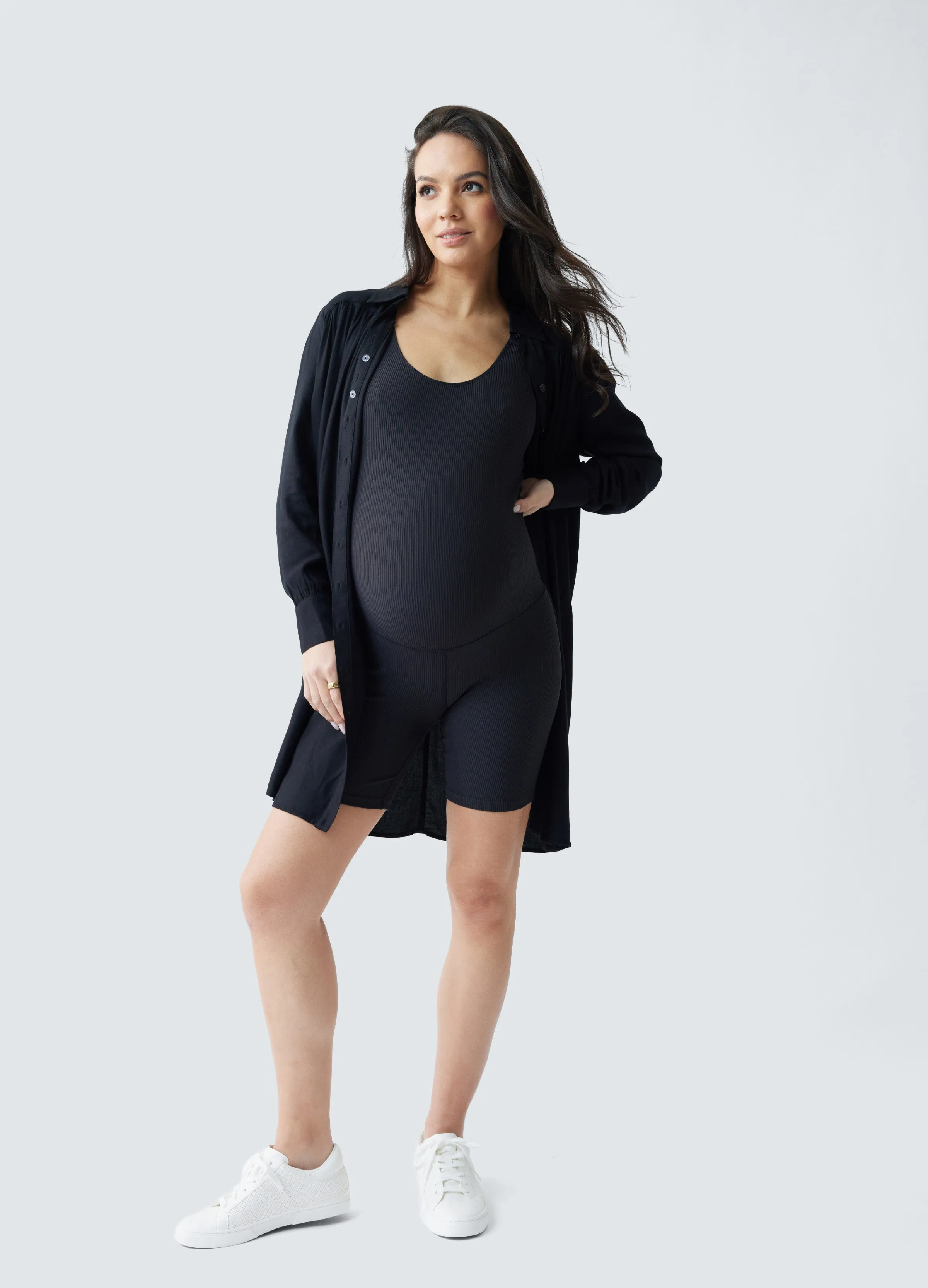 Rib Maternity Bike Short Acitve Unitard Romper Black