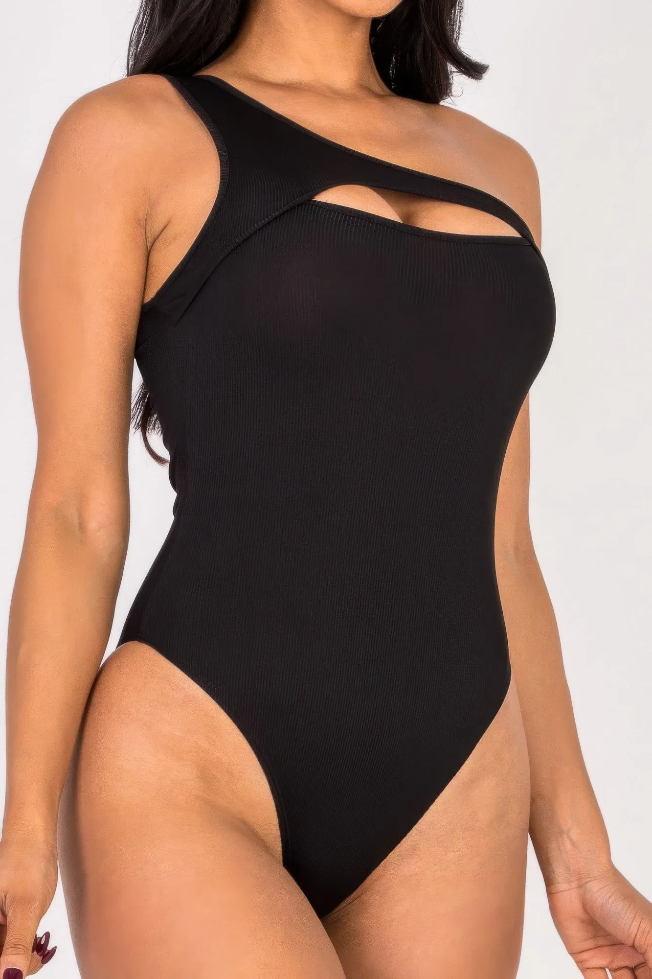 Ribbed Knit Cut Out One Shoulder Bodysuit