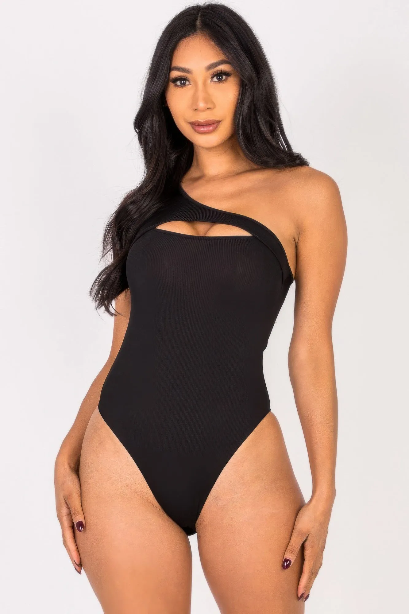 Ribbed Knit Cut Out One Shoulder Bodysuit