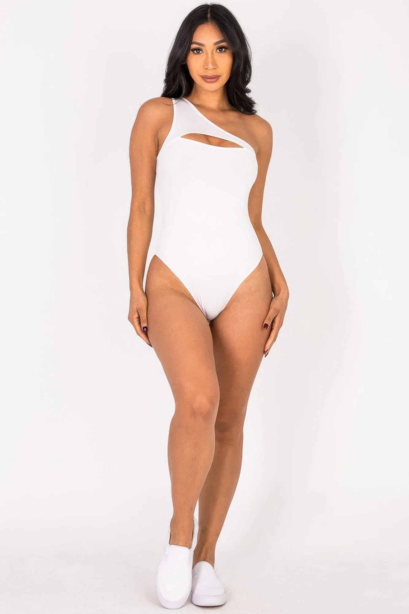 Ribbed Knit Cut Out One Shoulder Bodysuit