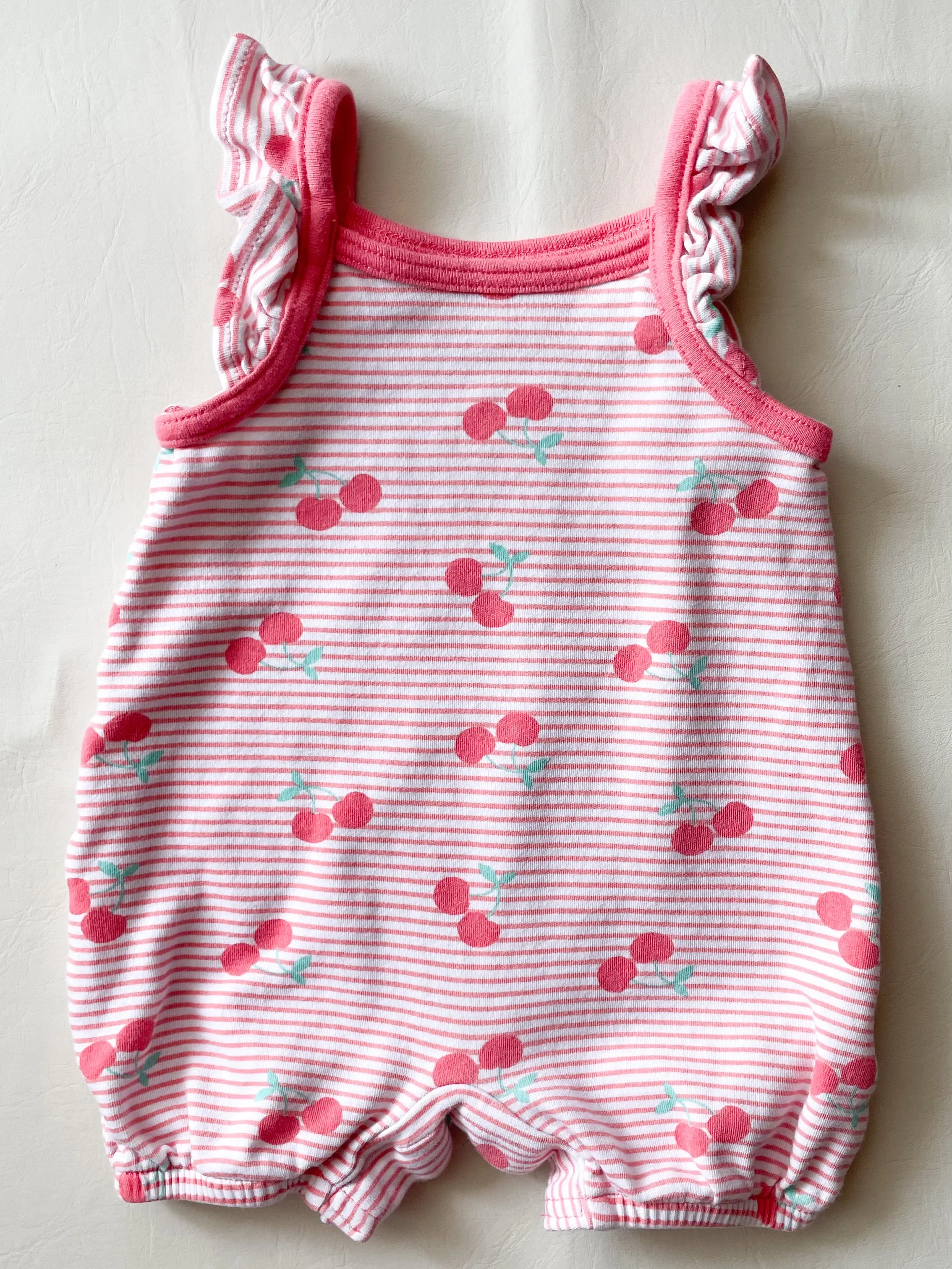 Rococo Pink Stripe Cherry Cotton Ruffle Baby Bodysuit - 3 Months