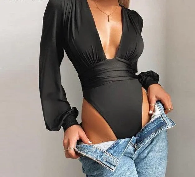 Ruched Plunging Long Sleeve Bodysuit