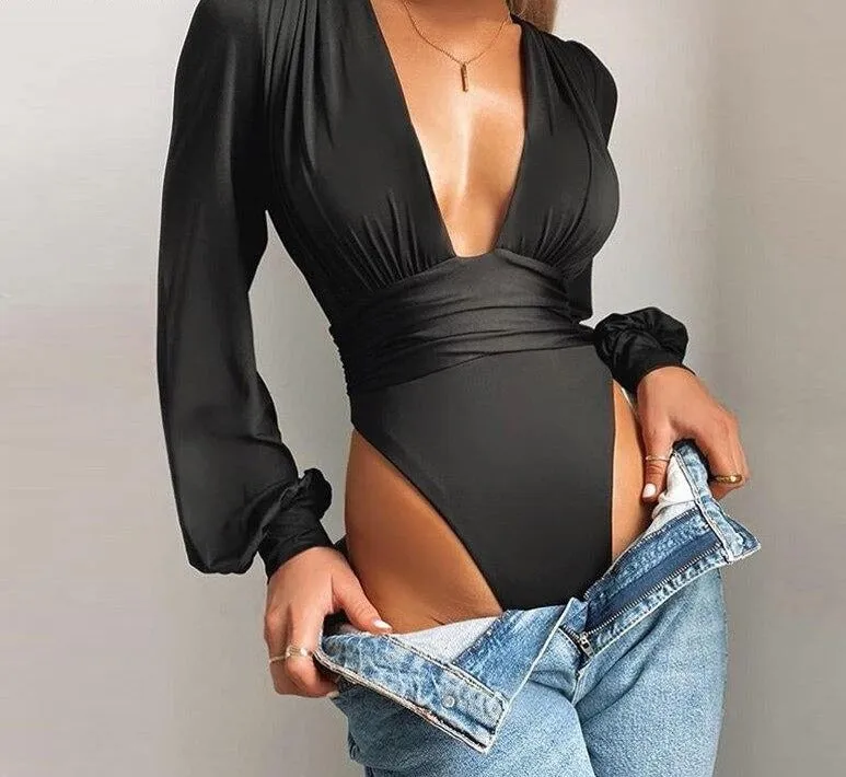 Ruched Plunging Long Sleeve Bodysuit