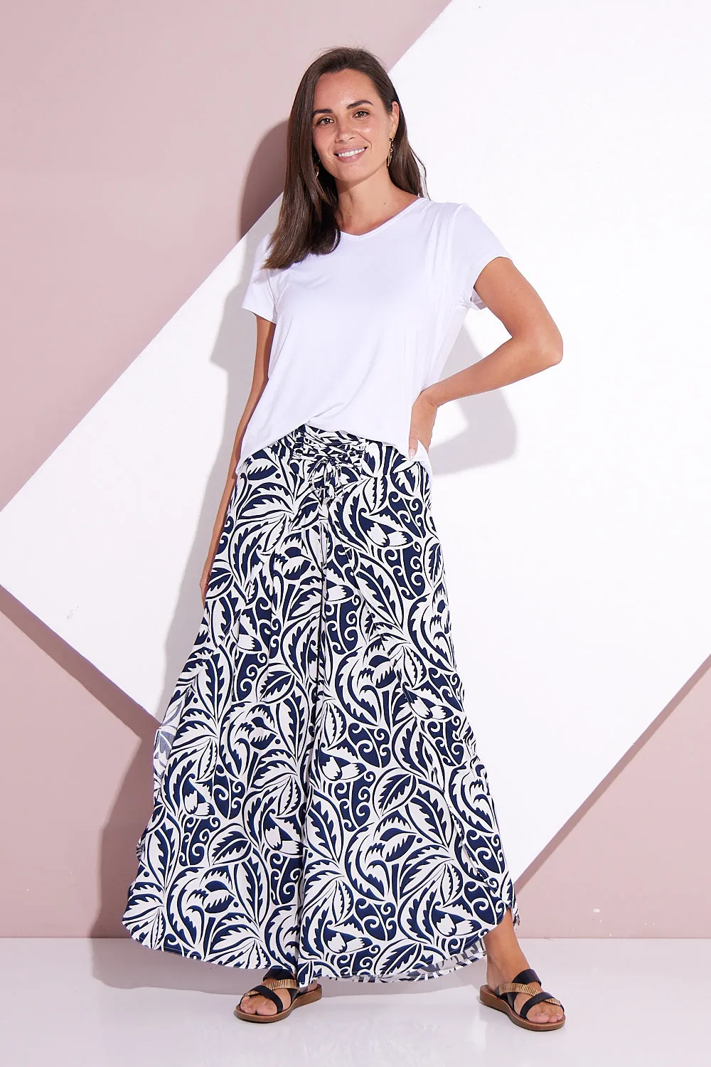 Sabine Palazzo Pants - Navy/White Print