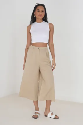 SAND WIDE LEG THREE QUARTER CULOTTE TROUSERS