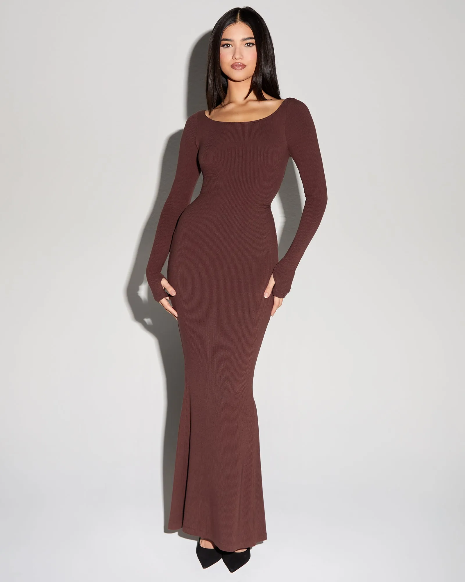 Scoopy Long Sleeve Rib Mermaid Dress - Mocha