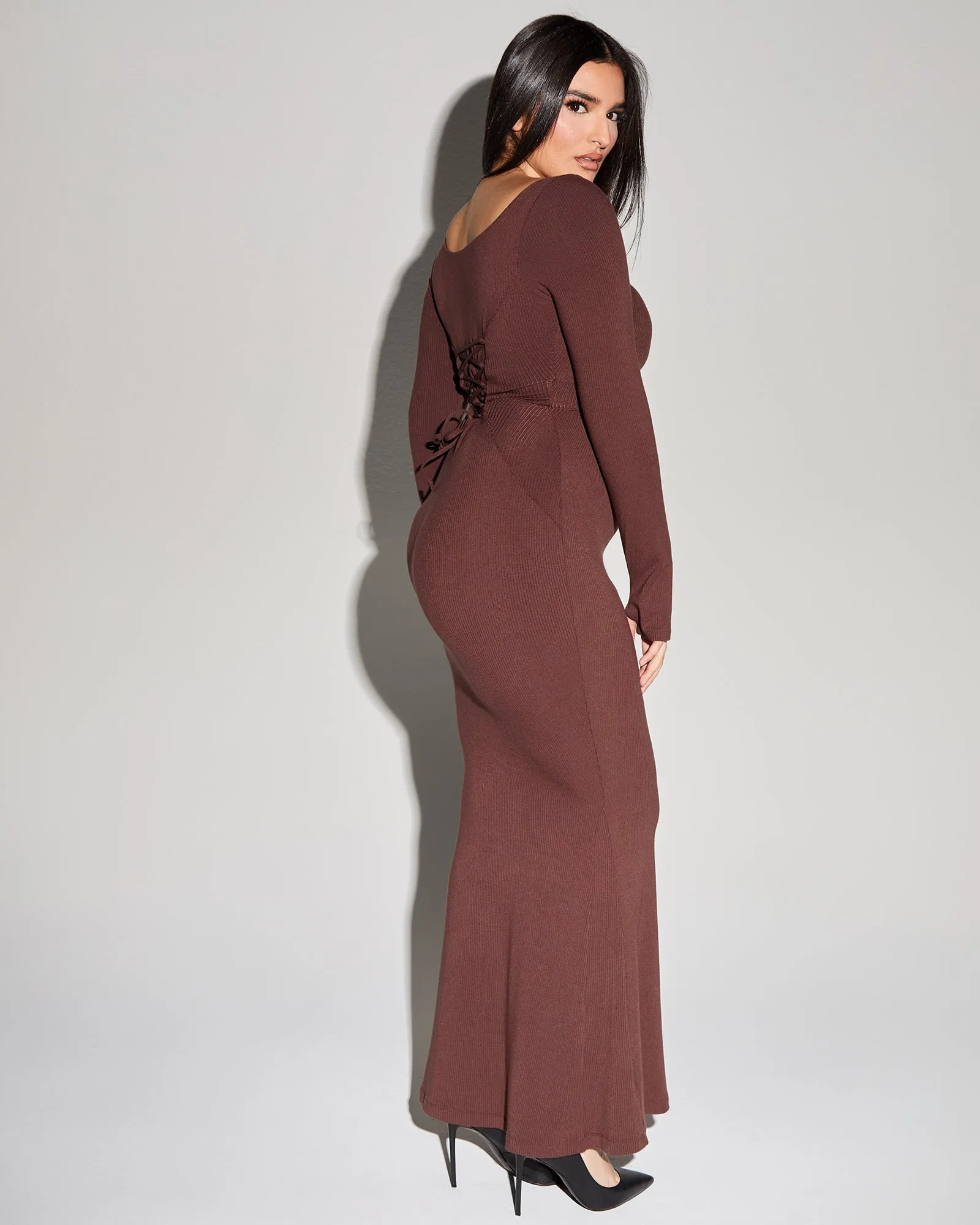 Scoopy Long Sleeve Rib Mermaid Dress - Mocha