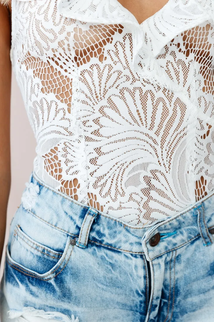 Secrets Lace Ruffle Bodysuit White