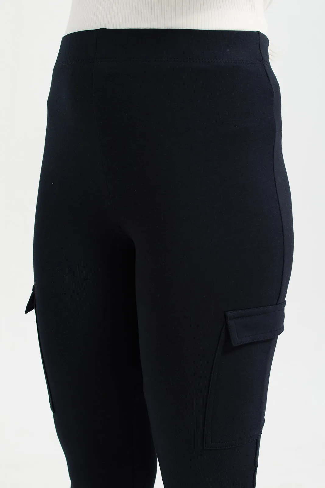 Senior Girls Black Pocket Flared Leggings