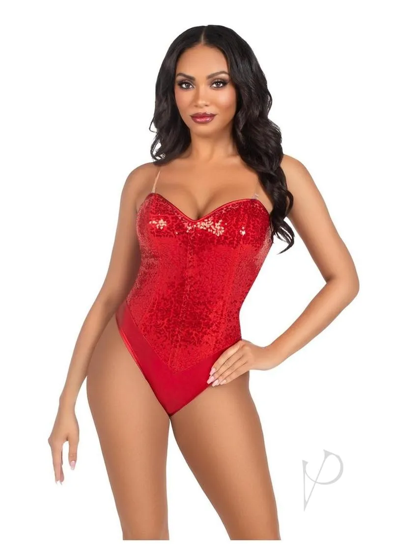 Sequin Bone Snap Bodysuit Strap Sm Red