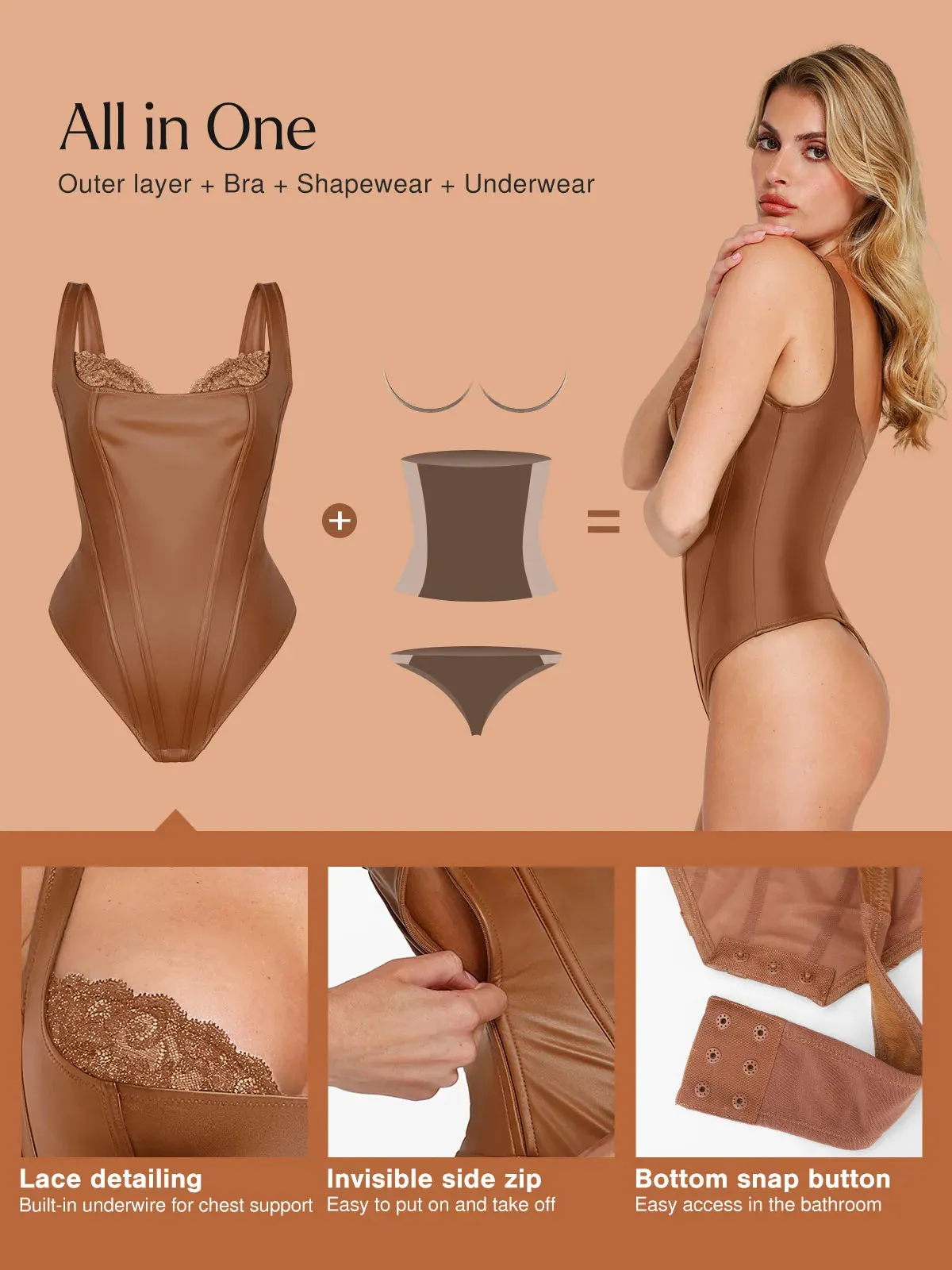 Shapewear Faux Leather Lace Balconette Sculpting Bodysuit