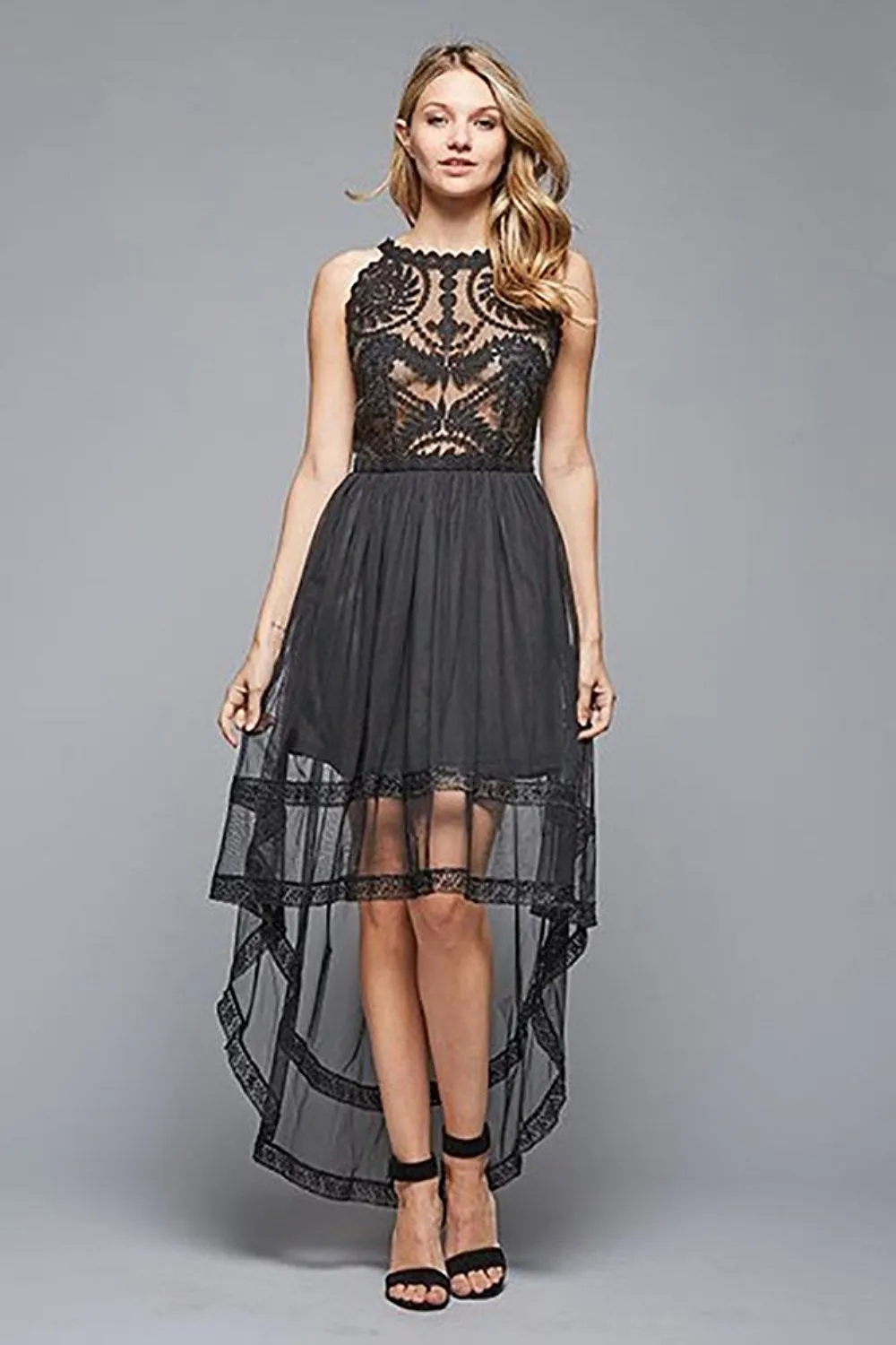 Sheer Lace Black Hi-Lo Cocktail Dress with Crew Neck