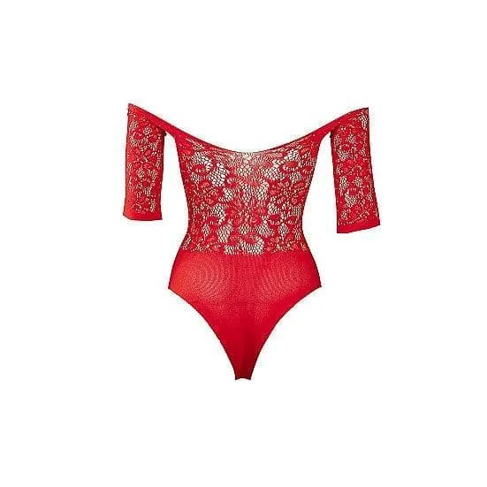 Shots Le Desir Presents Rhinestone Off-Shoulder Lace Crotchless Bodysuit Red