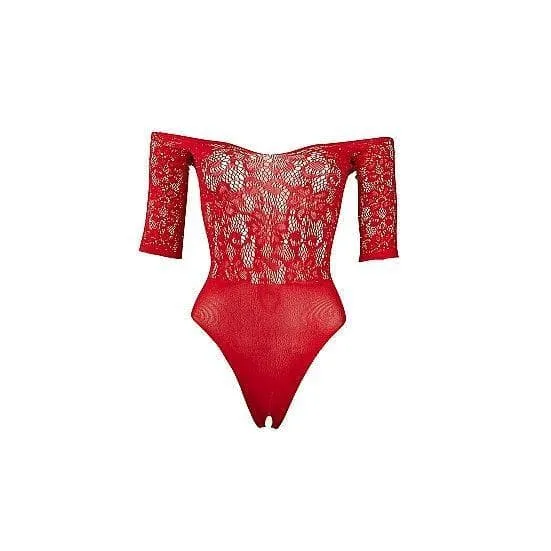 Shots Le Desir Presents Rhinestone Off-Shoulder Lace Crotchless Bodysuit Red