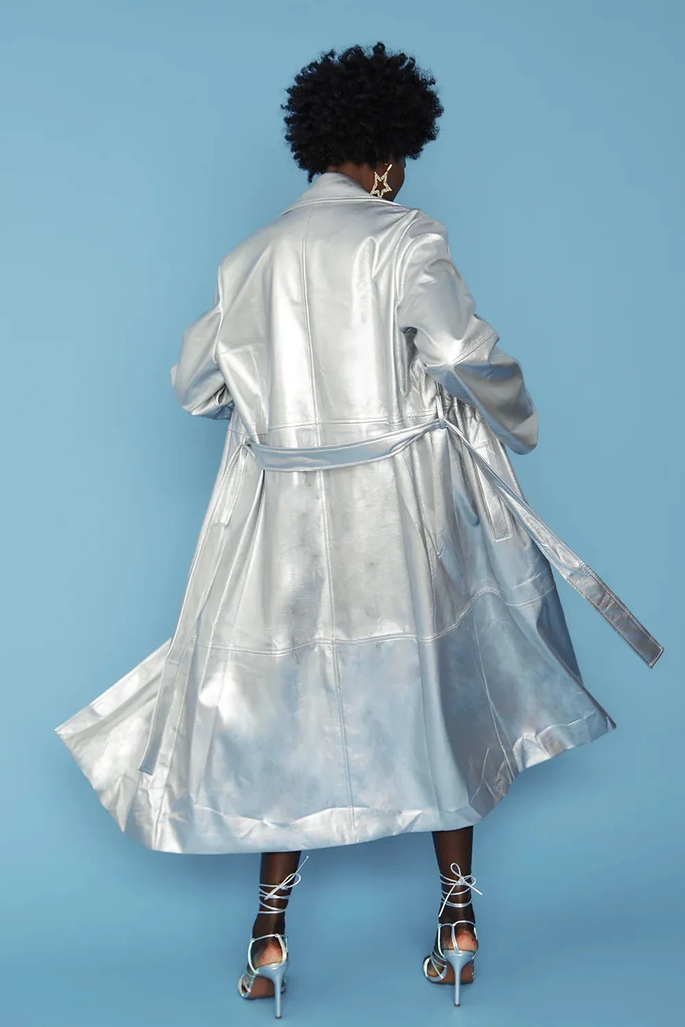 Silver Metallic Faux Suede Trench Coat