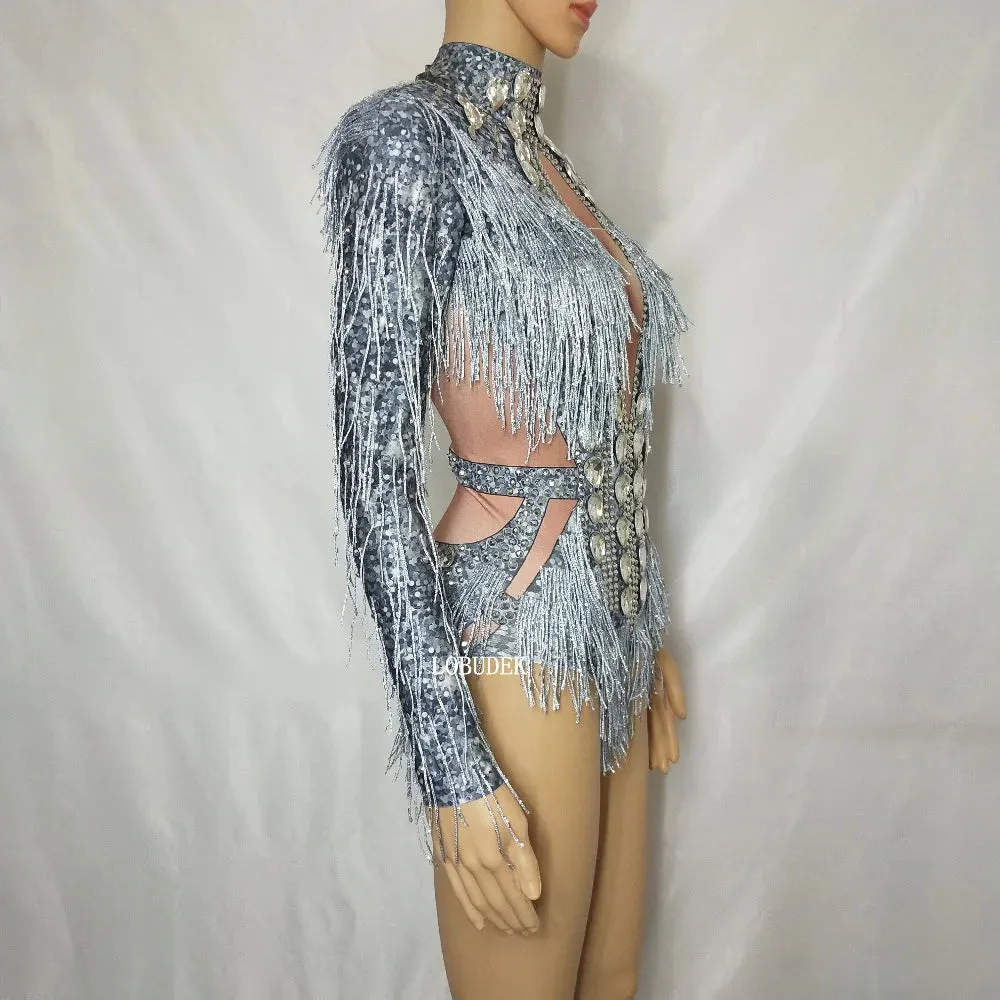 Silver Rhinestones Fringed Long Sleeve Bodysuit