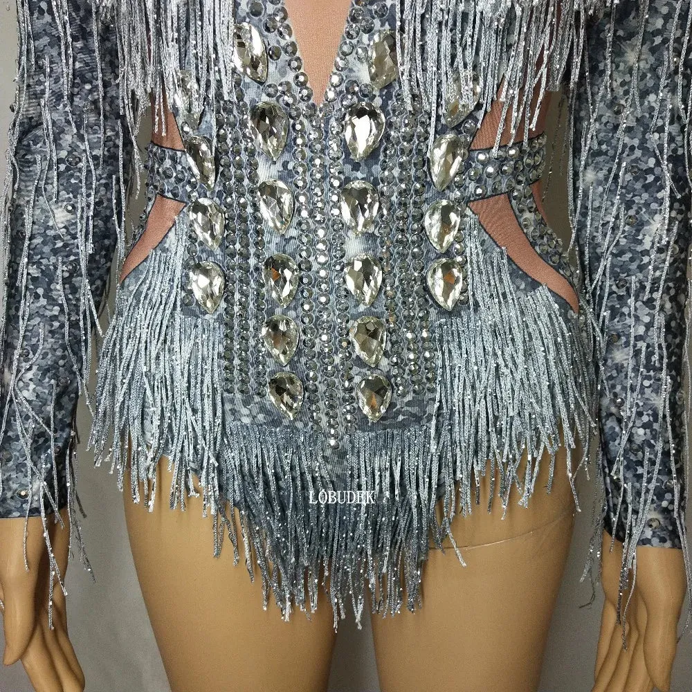 Silver Rhinestones Fringed Long Sleeve Bodysuit