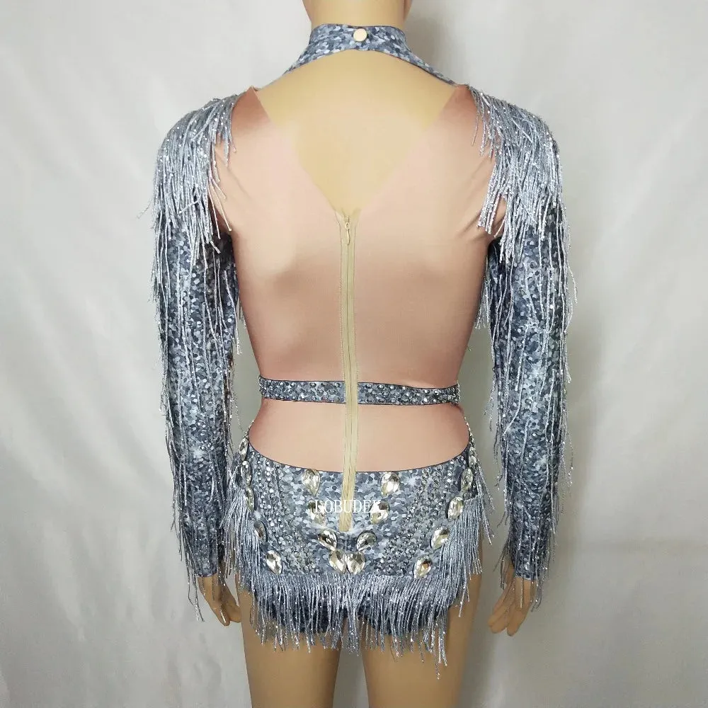 Silver Rhinestones Fringed Long Sleeve Bodysuit