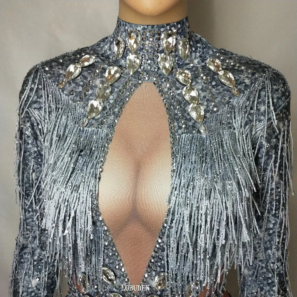 Silver Rhinestones Fringed Long Sleeve Bodysuit