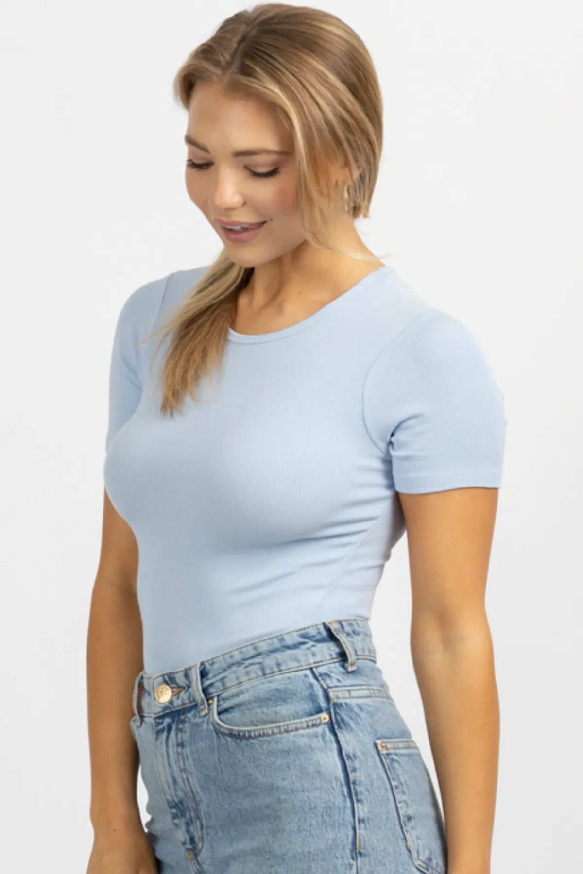 SKY BLUE ROUNDNECK RIBBED BODYSUIT