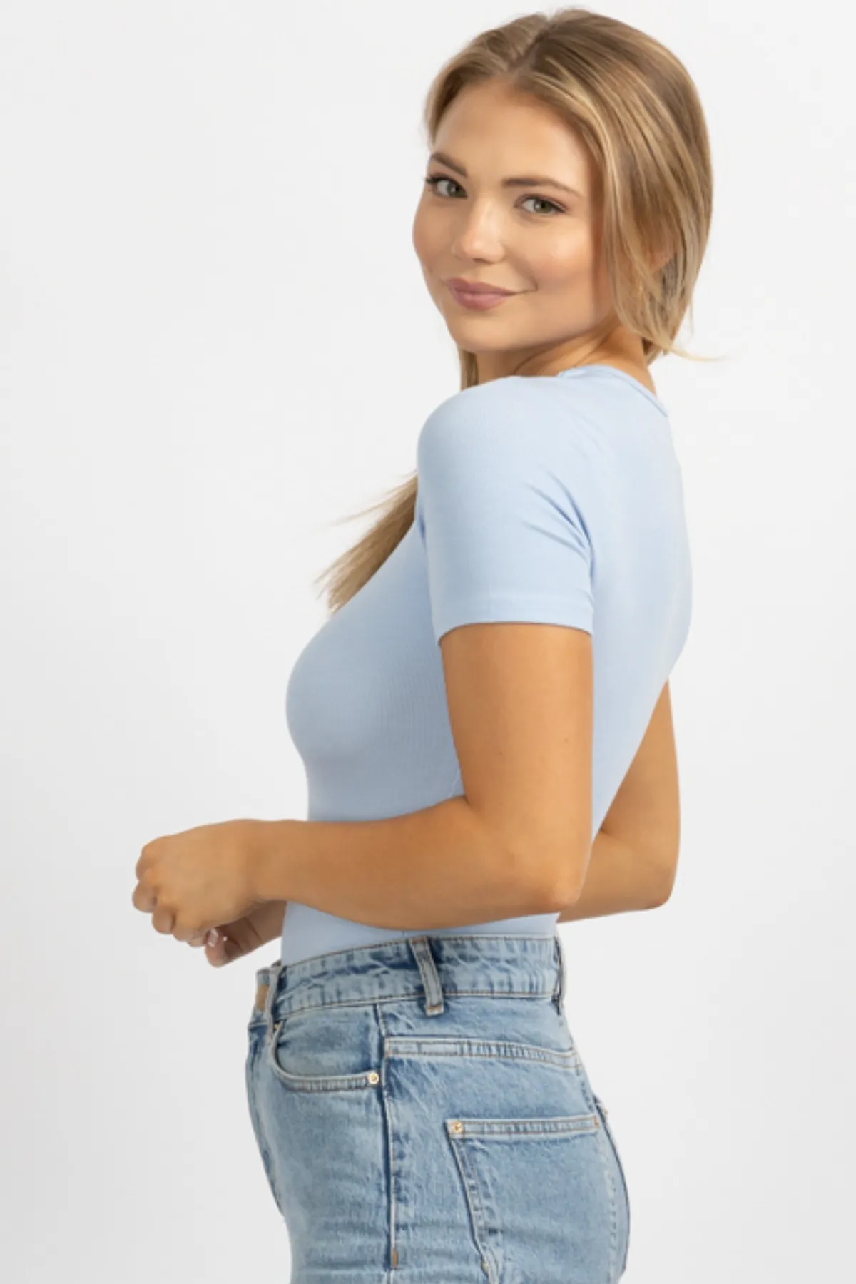 SKY BLUE ROUNDNECK RIBBED BODYSUIT