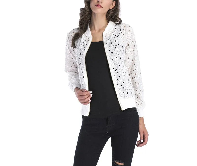 Standing Collar Hollow Lace Slim Long Sleeve Jacket