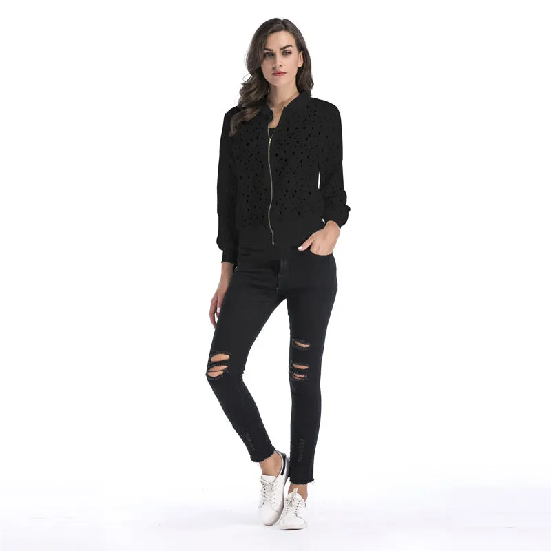 Standing Collar Hollow Lace Slim Long Sleeve Jacket