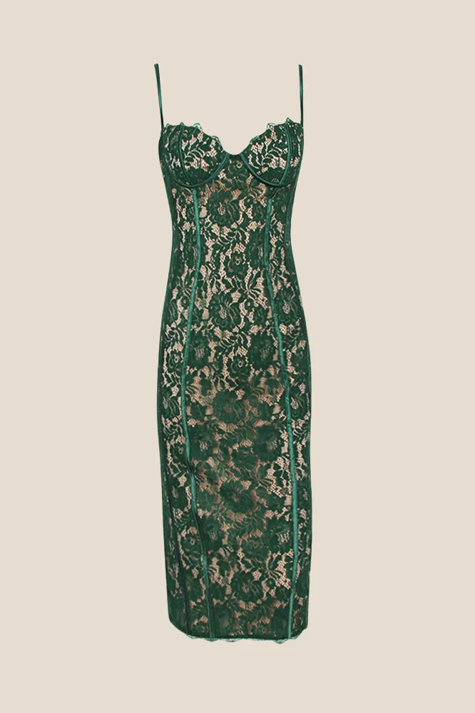 Straps Green Lace Sheath Midi Dress with Slit