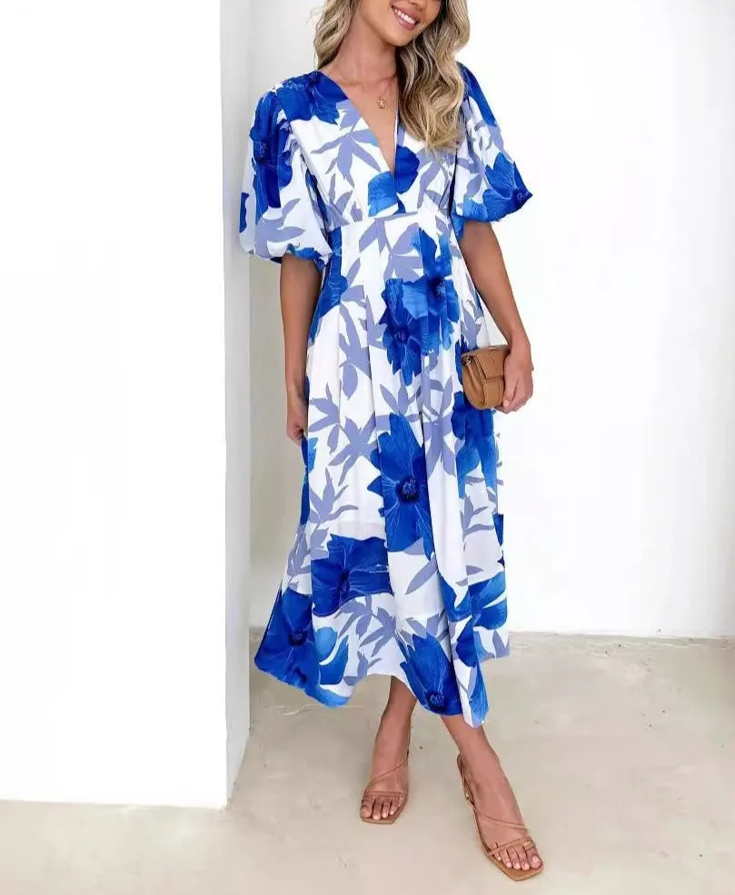 Summer Floral Print Bubble Sleeve Dress