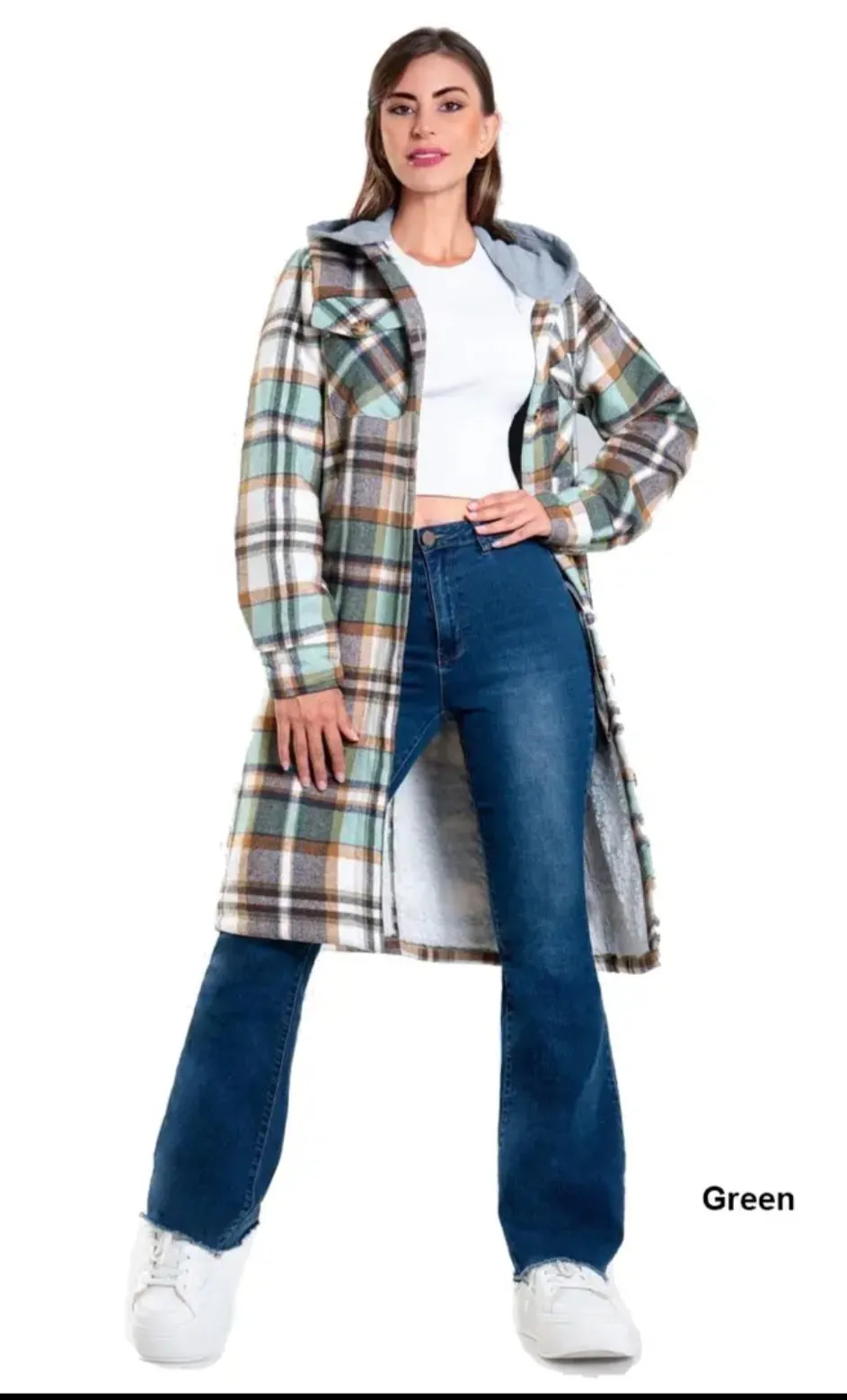 Super long plaid flannel shirt jacket shacket w/pockets