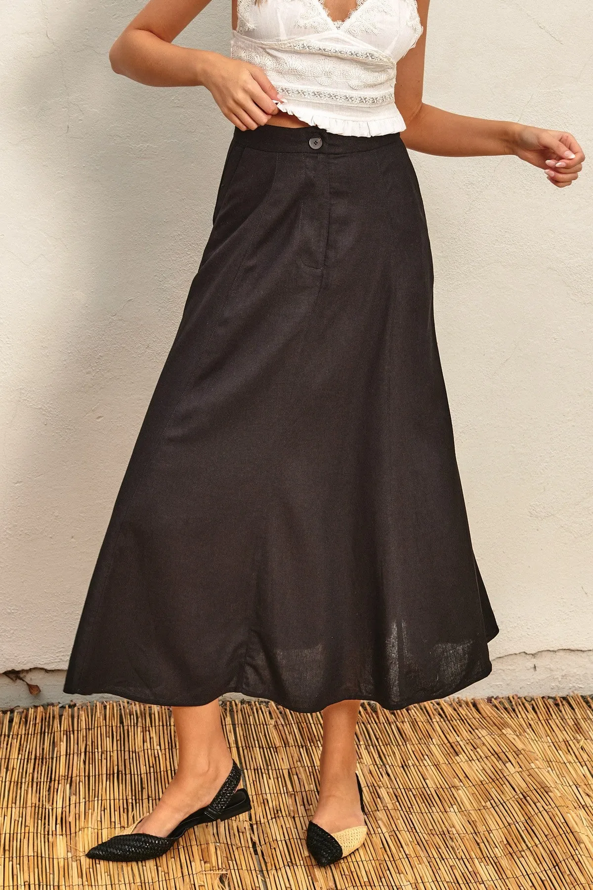 Tailored Linen Blend Maxi Skirt - Black