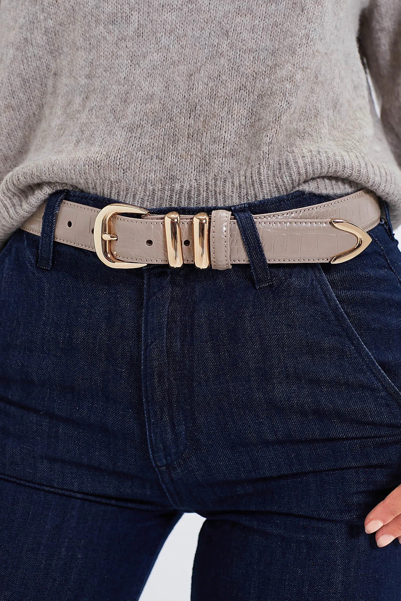 Taupe Croc-Embossed Western Belt