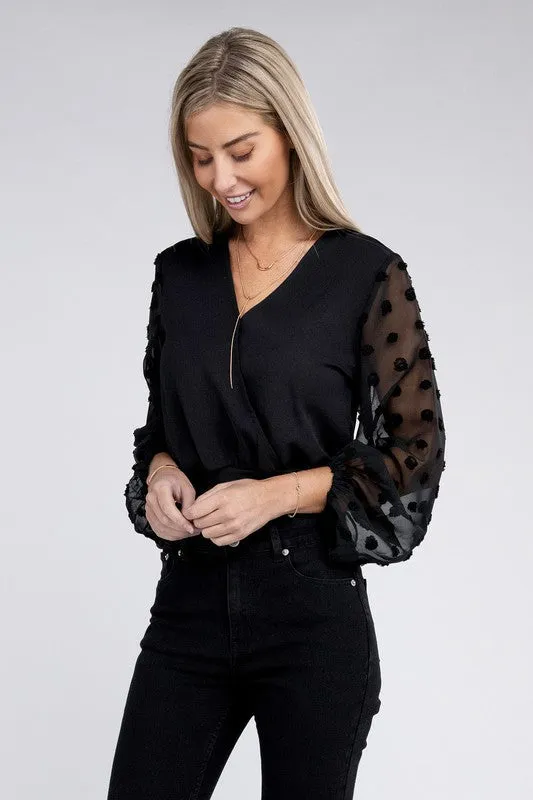 TEEK - Black V Neck Wrap Sheer Sleeves Bodysuit