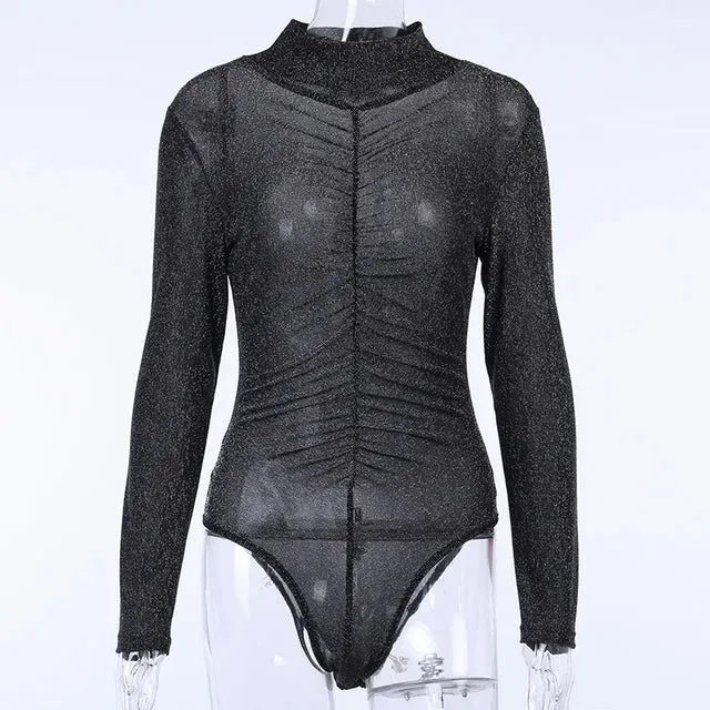 Transparent Long Sleeve Bodysuit Black Mesh Lace Sexy O Neck