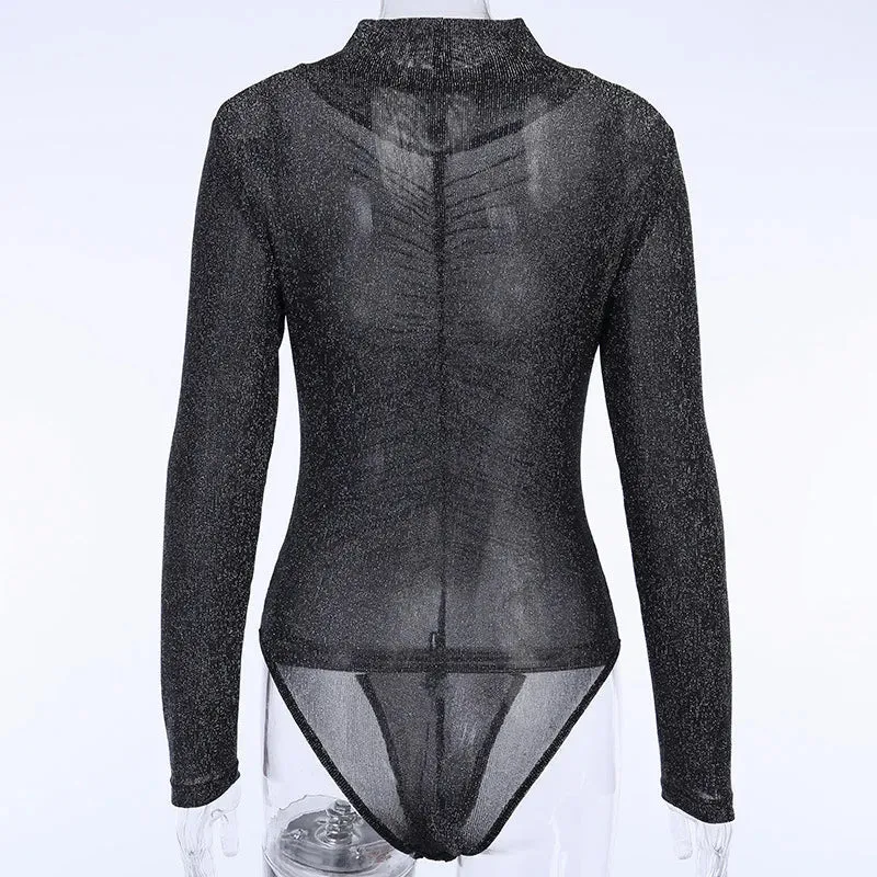 Transparent Long Sleeve Bodysuit Black Mesh Lace Sexy O Neck