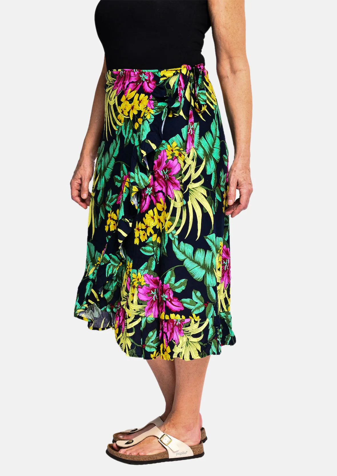 Tropical Print Ruffle Wrap Skirt