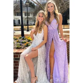 V-Neck Sequined Sparkly A-Line Long Prom Dress With Slit